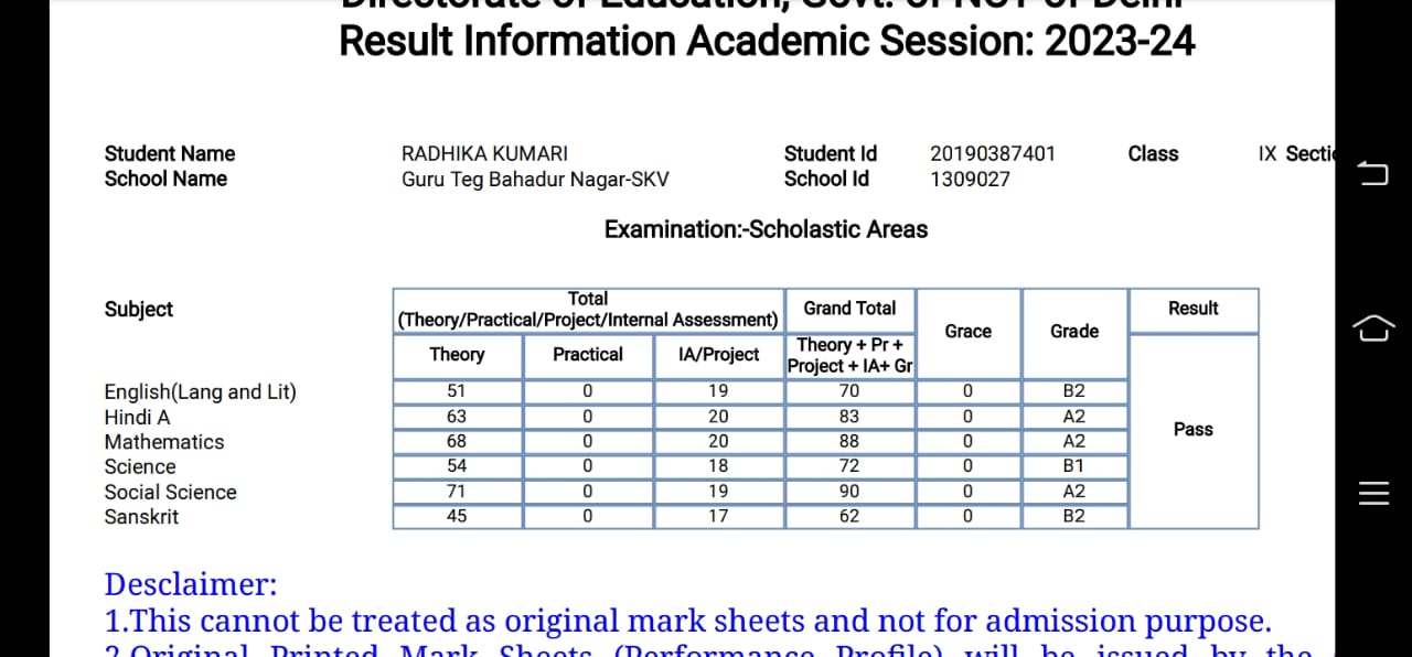 Radhika Kumari - 88% in Maths, 90% in S.St in Class 9th
